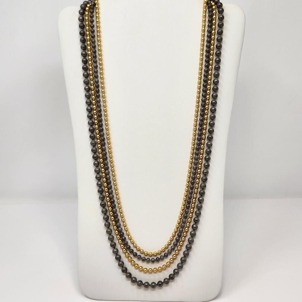 Georgiou Multi Strand Gold Dark Gray Glass Bead Necklace Layered Vintage Hook